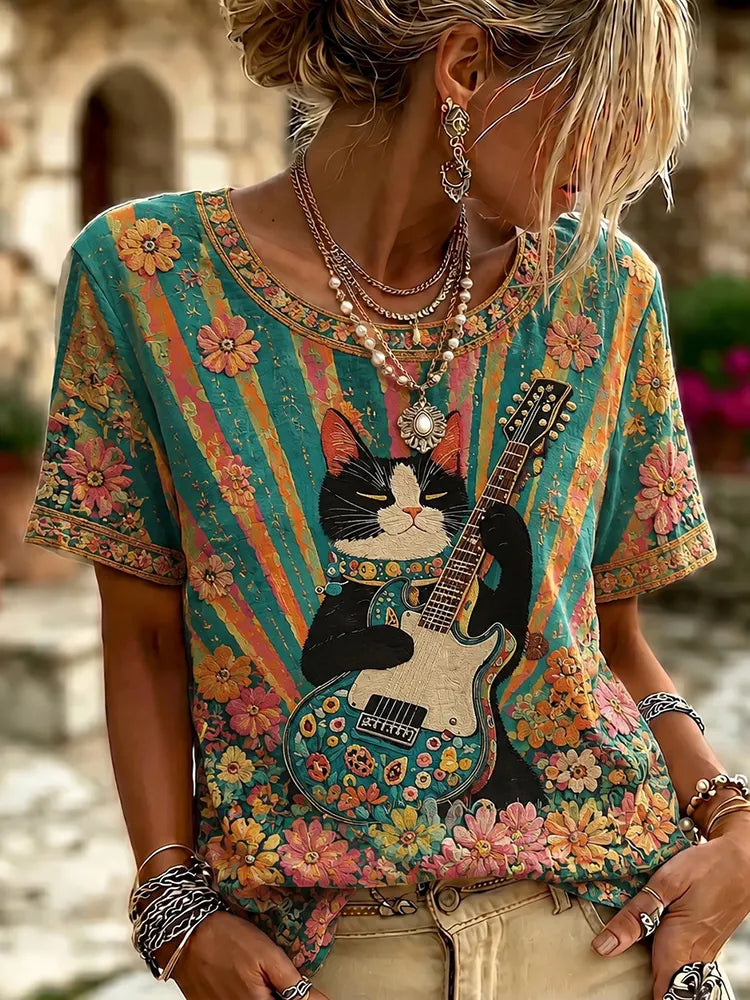 Women's Retro Hippie Guitar Cat Print Crew Neck T-shirt