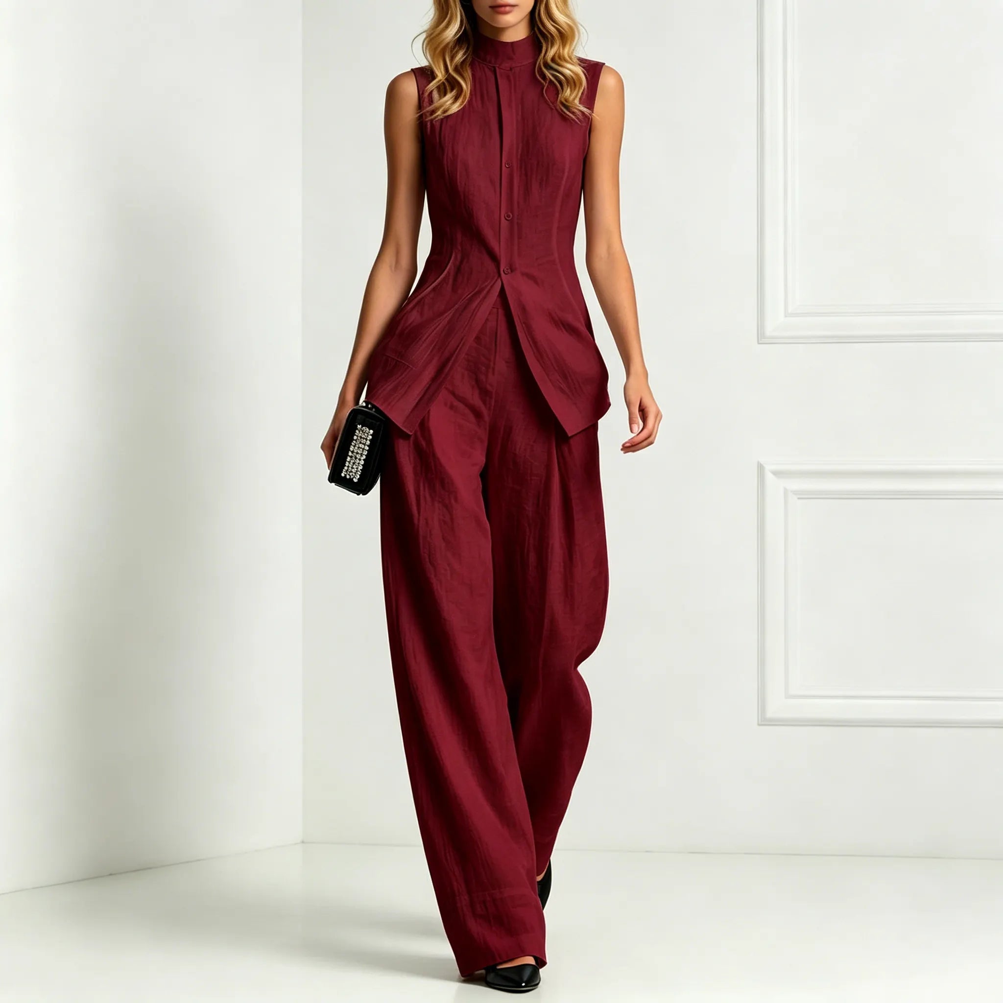 Fashion Elegant Solid Color Sleeveless Cotton Linen Shirt And Trousers Set