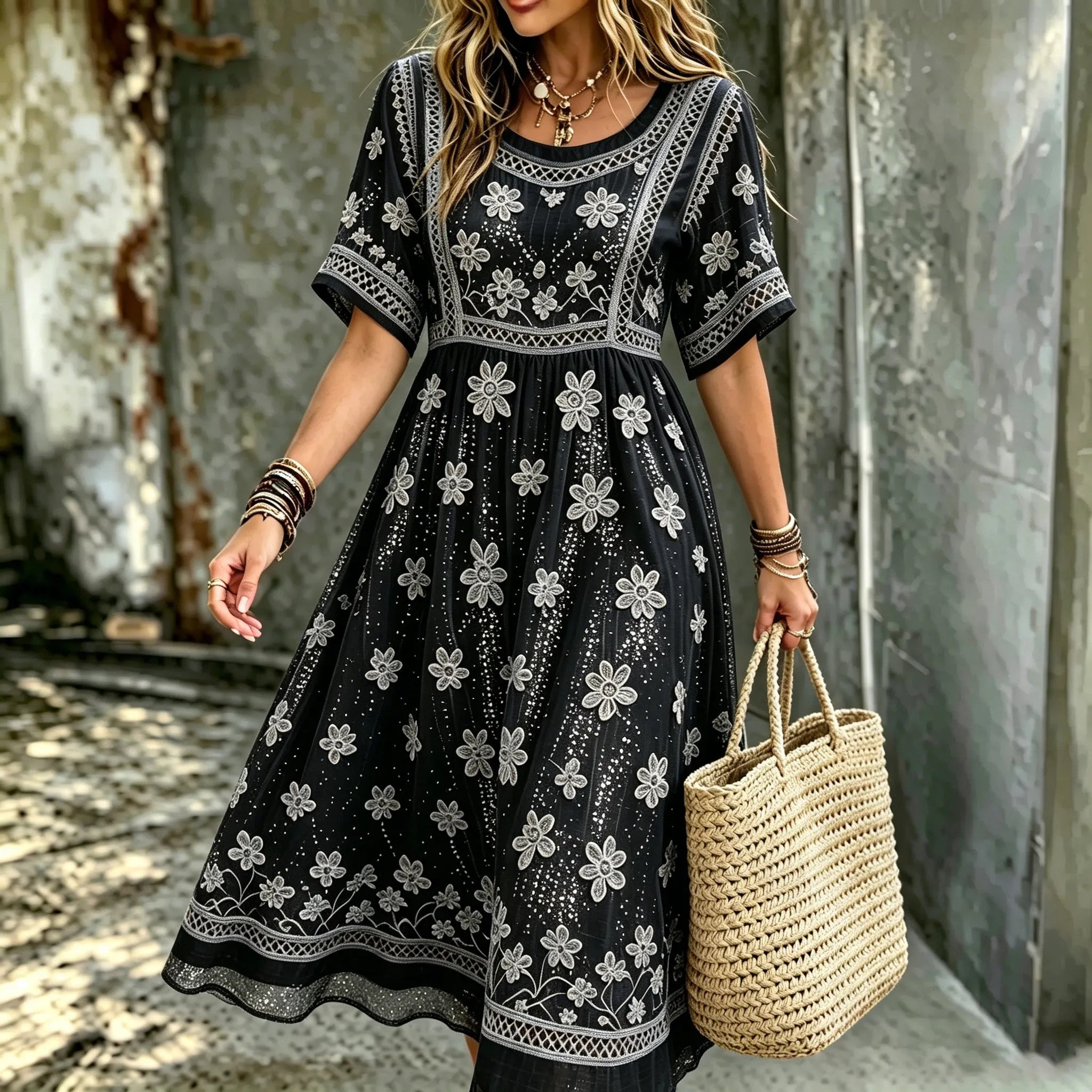 Women's White Floral Art Embroidered Linen Blend Round Neck Maxi Dress