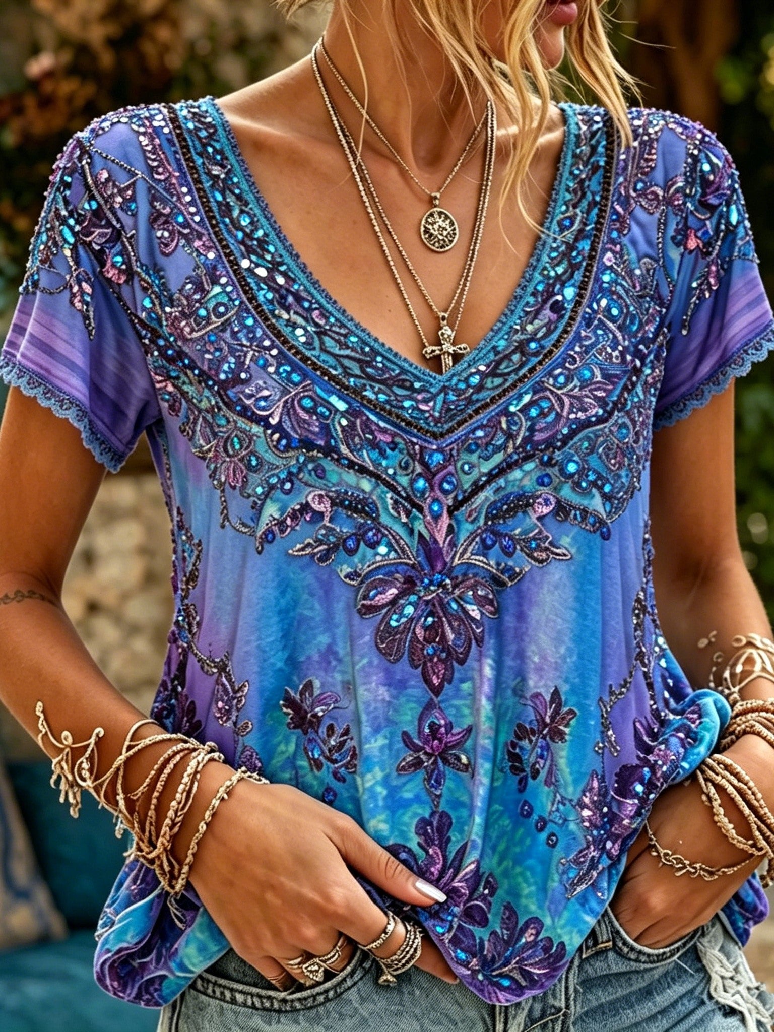 Women's Bohemian-style Floral Print V-neck Short-sleeved Top