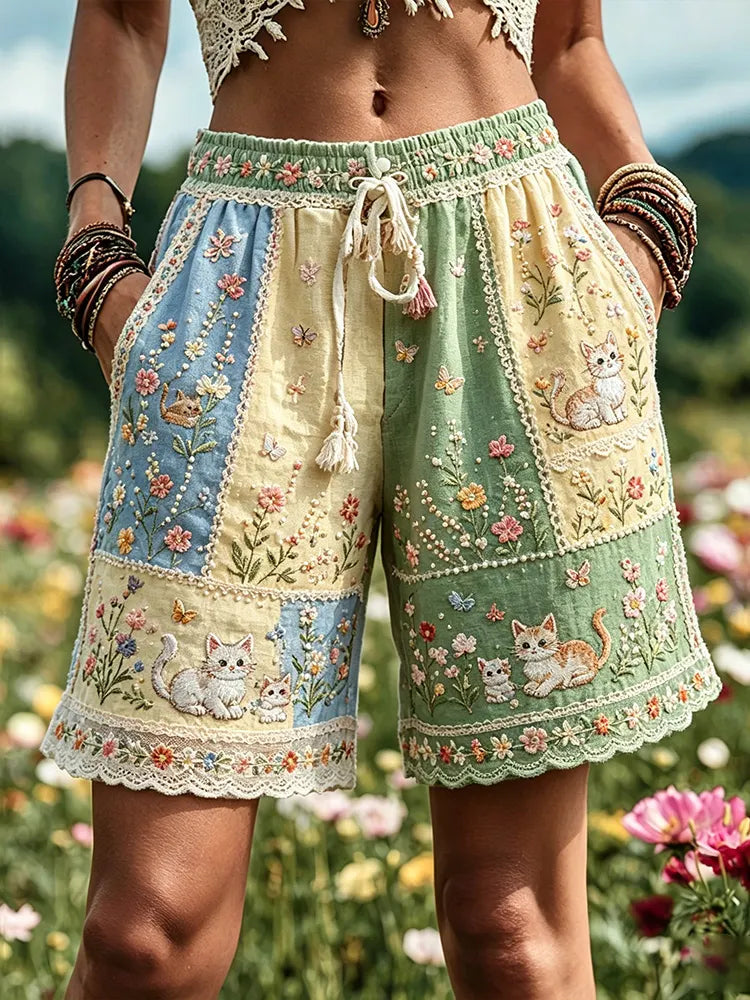 Women's Kitten And Floral Art Patchwork Cotton And Linen Casual Shorts