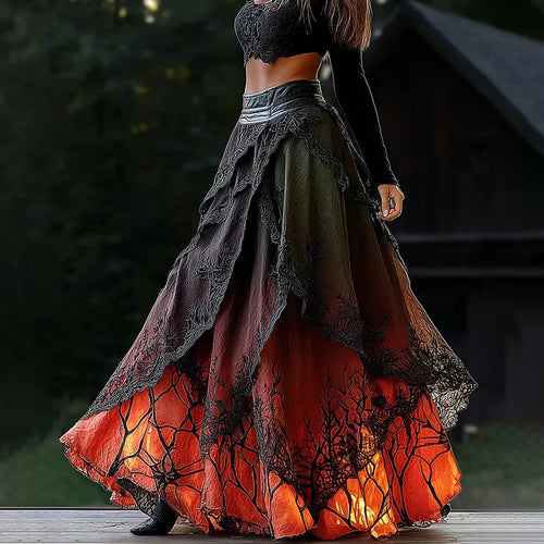 Halloween-themed Skull And Spiderweb Embroidered Lace Patchwork Skirt
