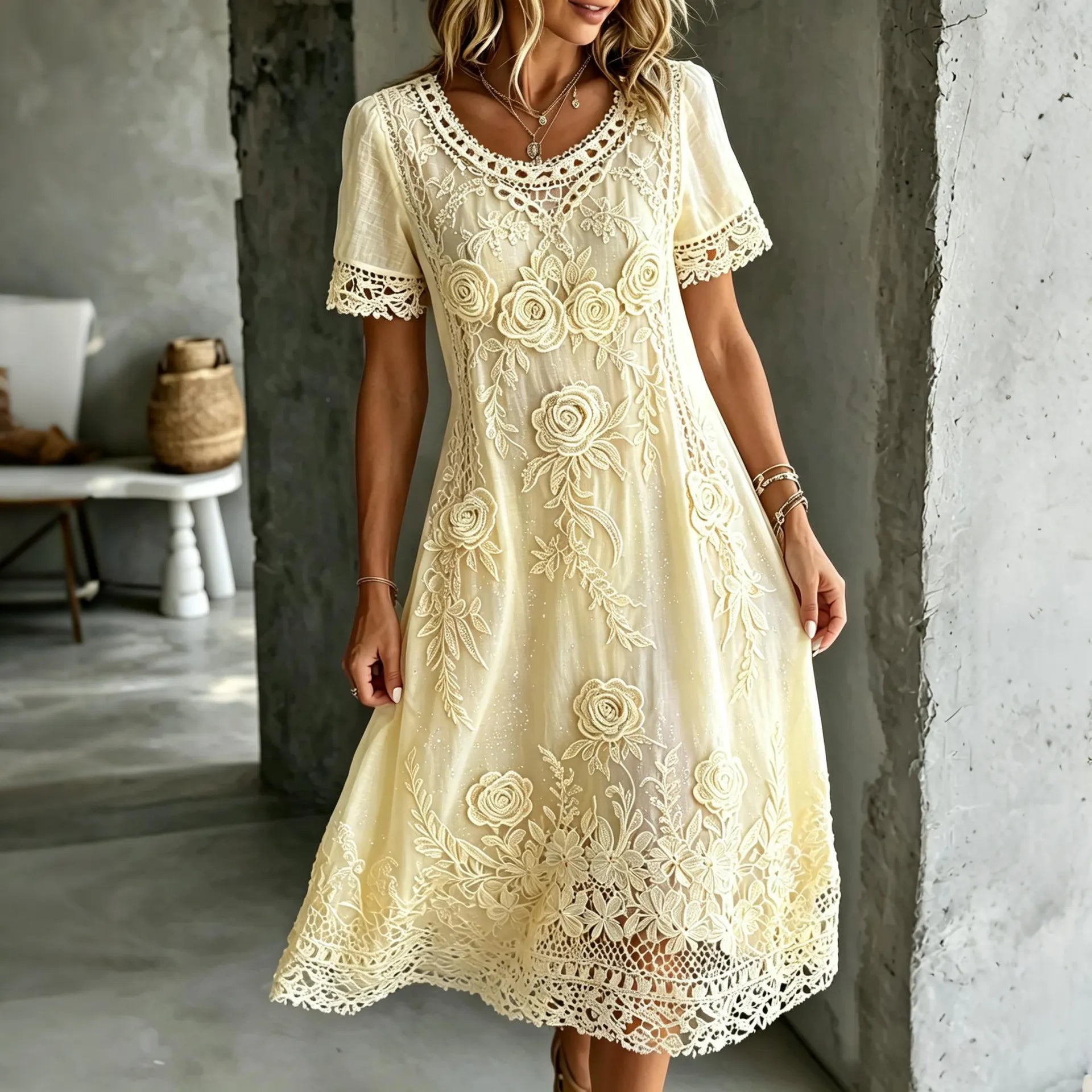 Women's Vintage Rose Art Embroidered Linen Blend Round Neck Midi Dress