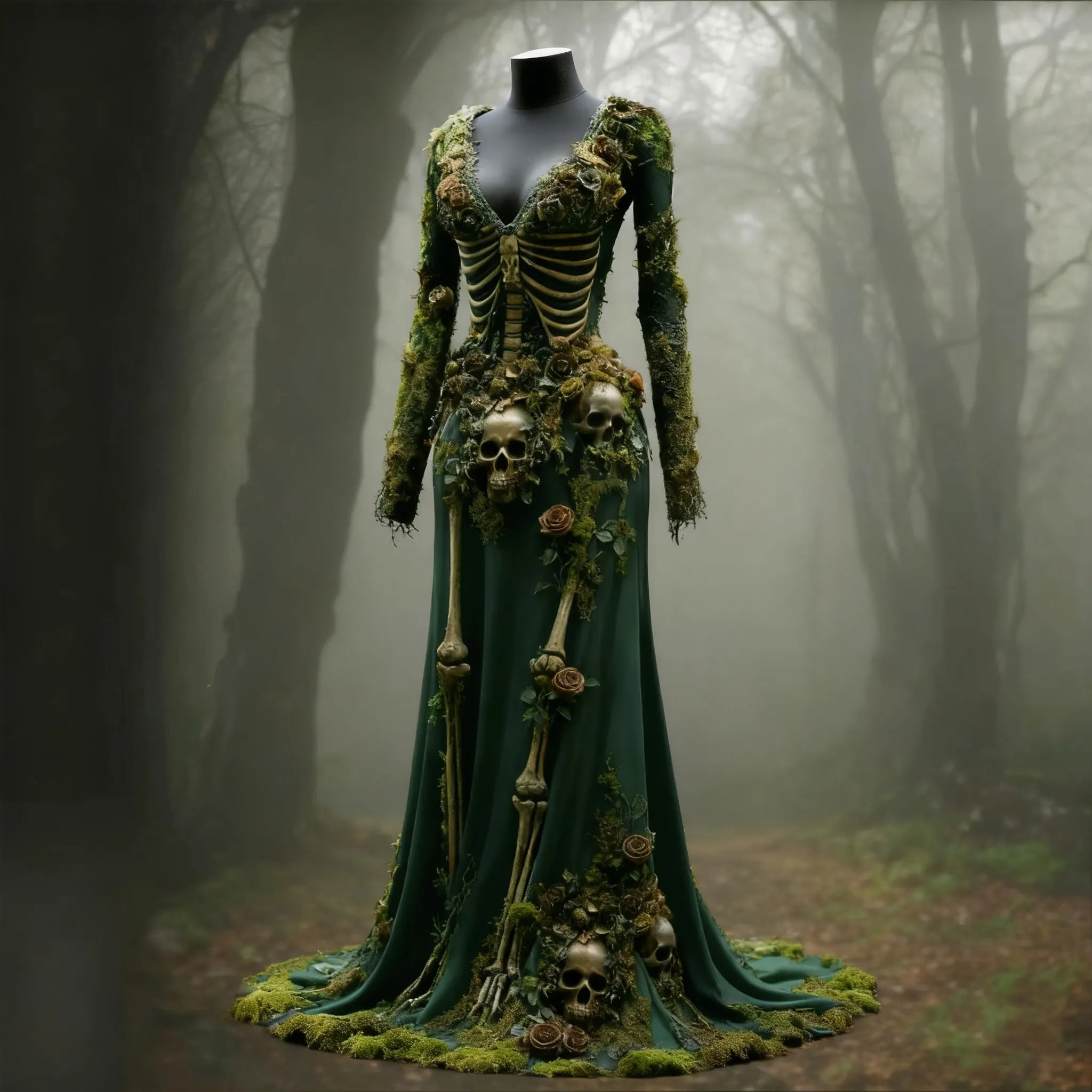 Women's Halloween Skull Flower Moss Witch Velvet Maxi Dress