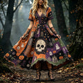 Women's Halloween Stitched Skeleton And Ghost Art Color-block Patchwork V-neck Gorgeous Dress