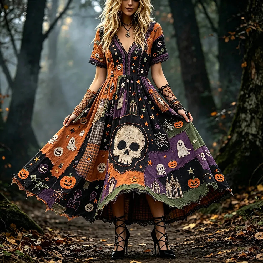 Women's Halloween Stitched Skeleton And Ghost Art Color-block Patchwork V-neck Gorgeous Dress