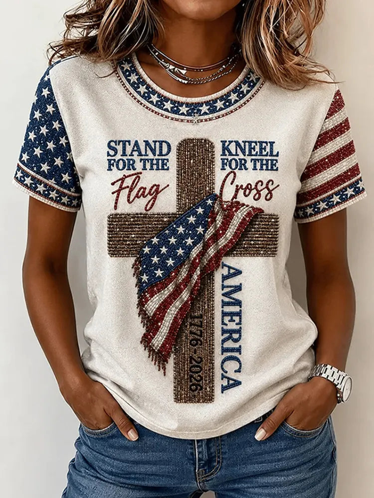 Women's Independence Day Cross Flag Print Crew Neck Short Sleeve T-shirt