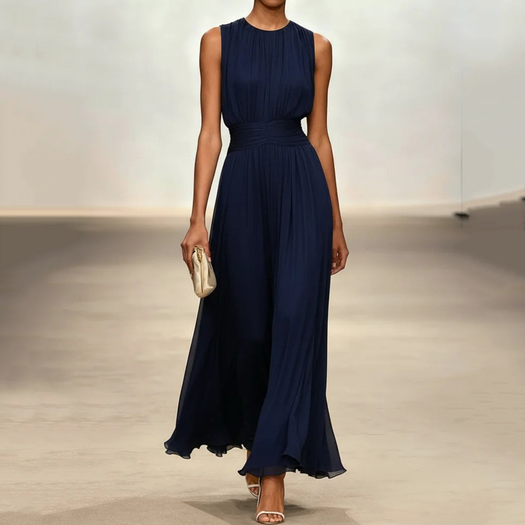 Elegant Solid Color Fitted Waist Round Neck Sleeveless Midi Dress