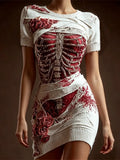 Women's Halloween Skull And Lace-up Art Casual Crew Neck Bodycon Dress