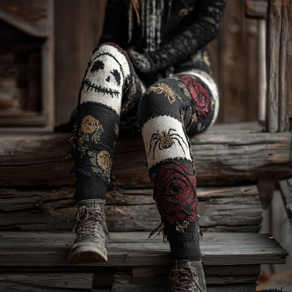 Women's Halloween Embroidered Skeleton Face And Spider Black And White Vintage Pants