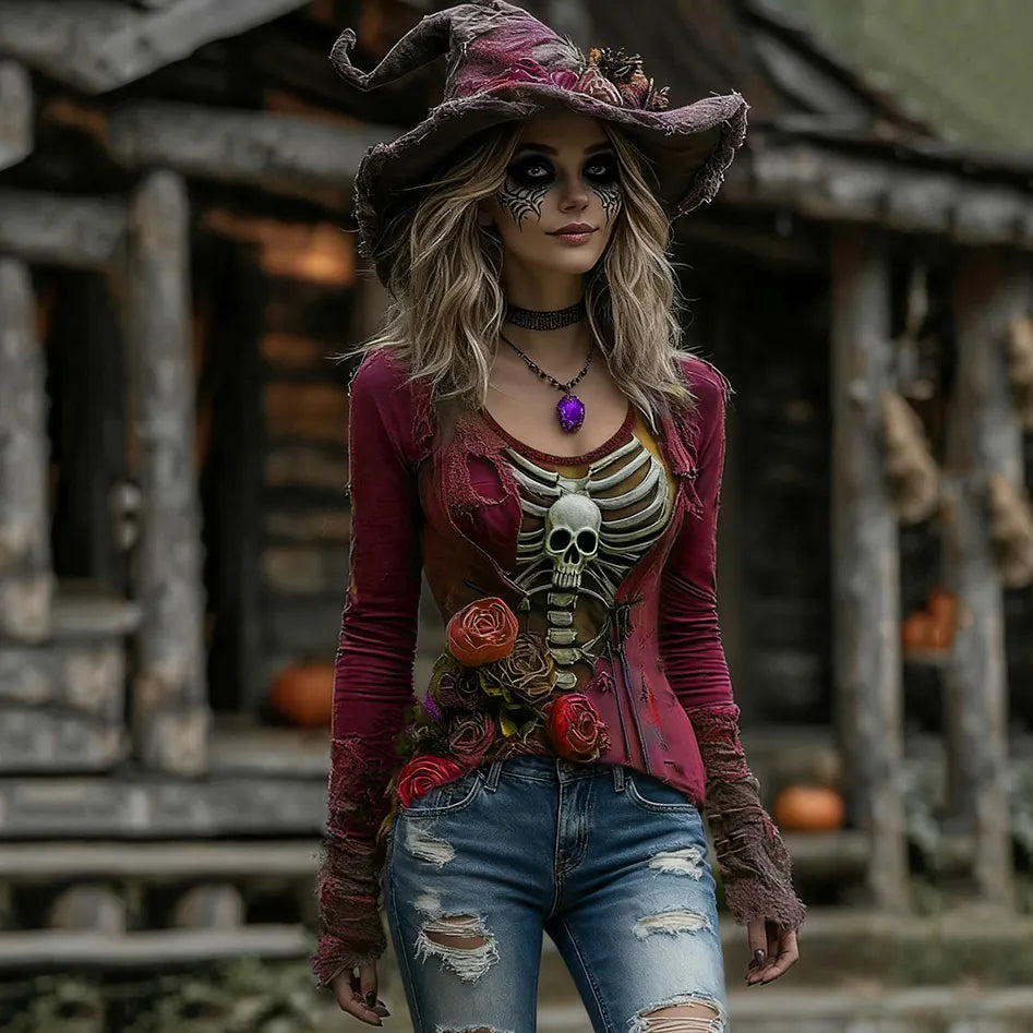 Women's Halloween Rose Skull Witch Cosplay V-neck T-shirt