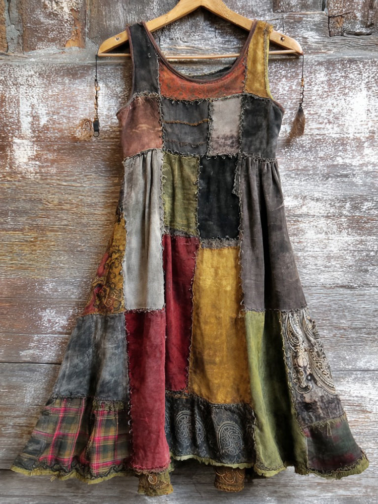 Women's Vintage Distressed Paisley Patchwork Casual Sleeveless Round Neck Dress