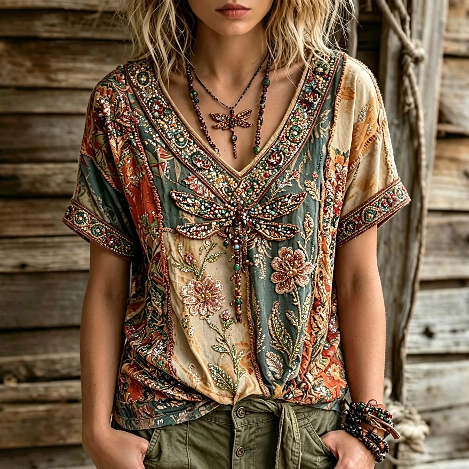 Women's Retro Bohemian Hippie Style Floral Dragonfly Sequin Embroidery Print Short-sleeve V-neck Top