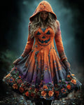 Women's Retro Pumpkin Face Gradient Floral Hooded Sweater Dress