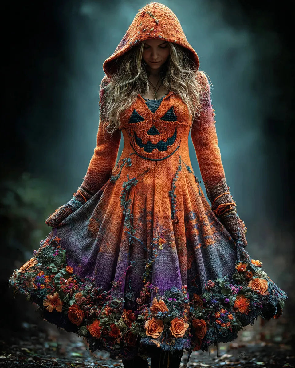Women's Retro Pumpkin Face Gradient Floral Hooded Sweater Dress