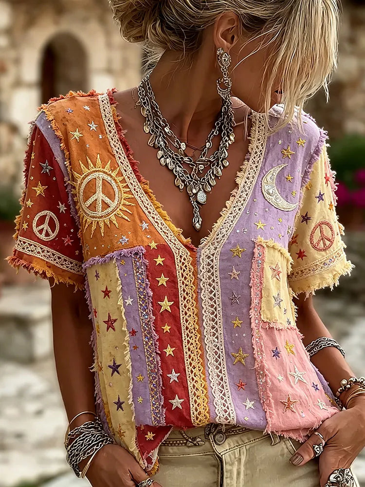 Women's Vintage Hippie Sun Moon Stars Art Cotton Linen Casual Patchwork V-neck Top