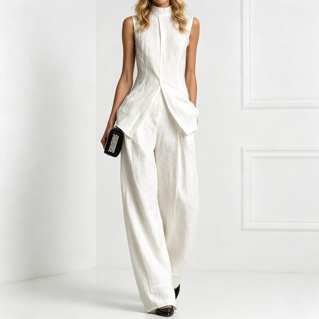 Fashion Elegant Solid Color Sleeveless Cotton Linen Shirt And Trousers Set