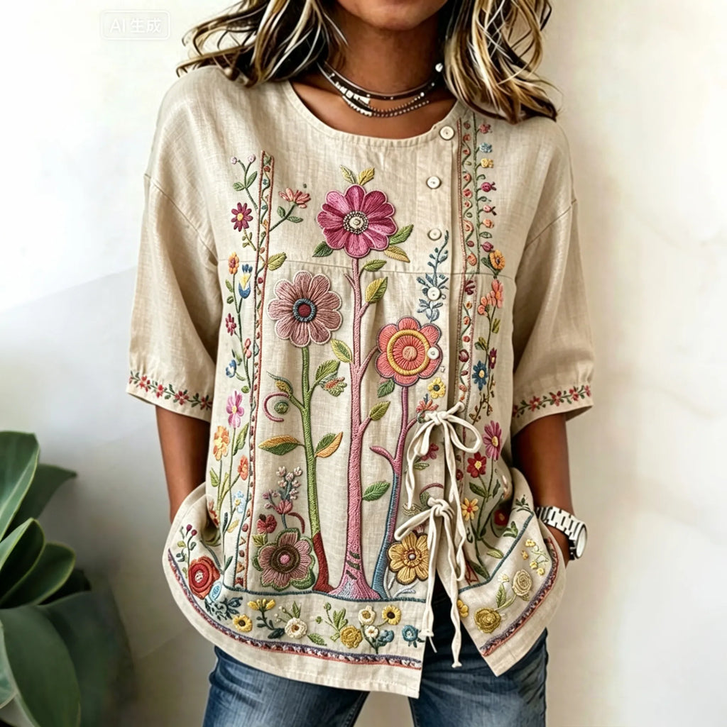 Women's Ethnic Floral Embroidery Pattern Linen Blend Tie-up Shirt