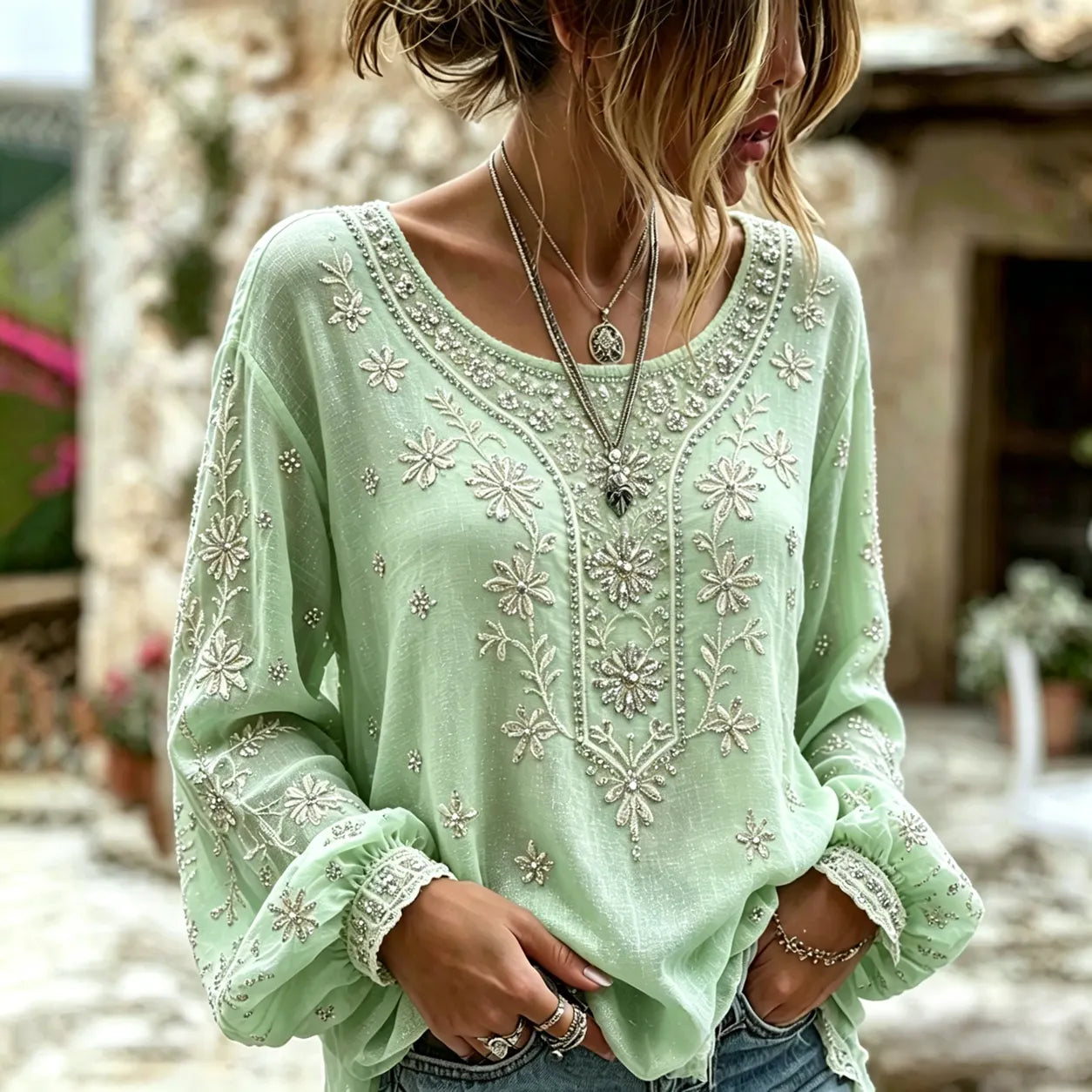 Women's Vintage Floral Rose Art Embroidered Linen Blend Long Sleeve Tops