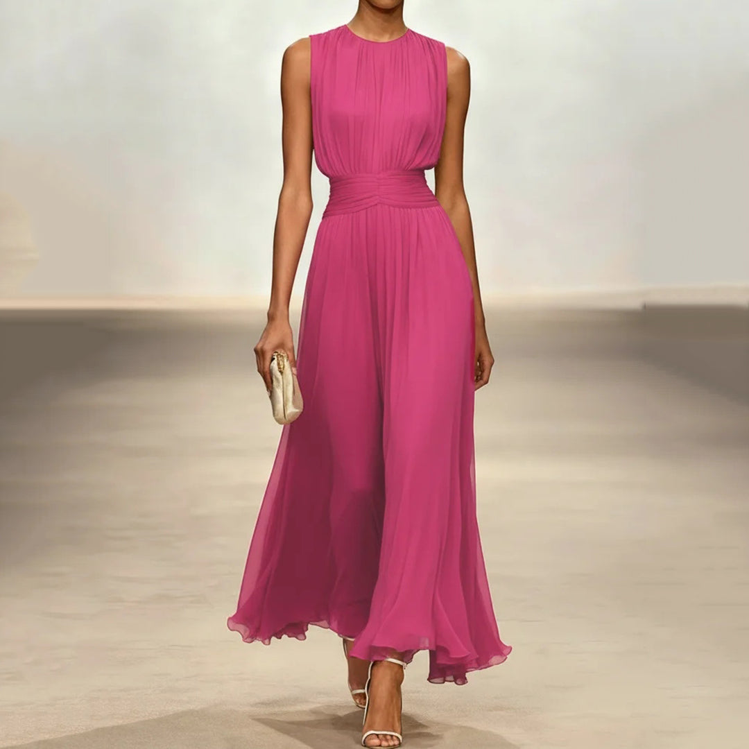 Elegant Solid Color Fitted Waist Round Neck Sleeveless Midi Dress