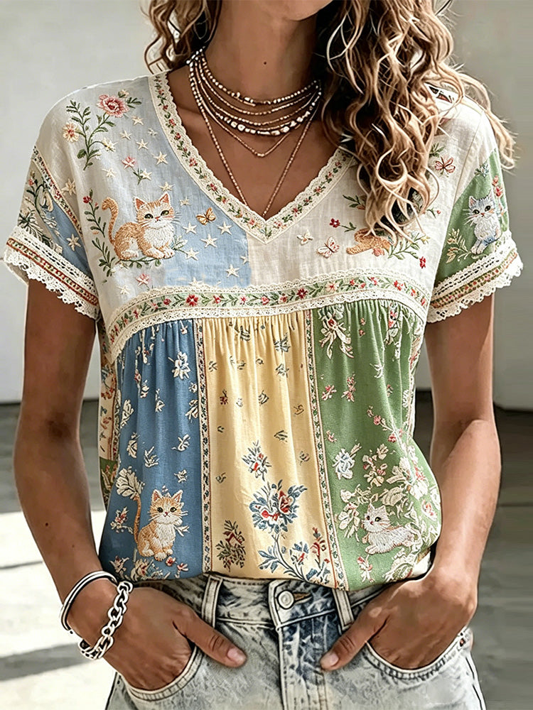 Women's Kitten And Floral Art Patchwork V-neck Casual Cotton And Linen Short Sleeve Top