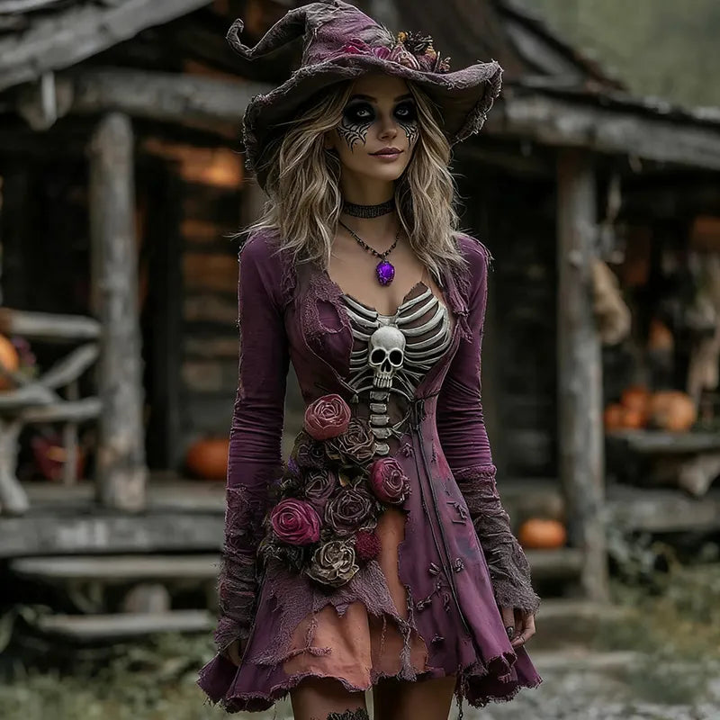 Women's Halloween Rose Skeleton Witch Cosplay Midi Dress