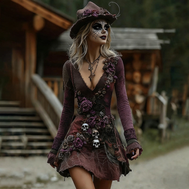 Women's Halloween Rose Skull Witch Patchwork Midi Dress