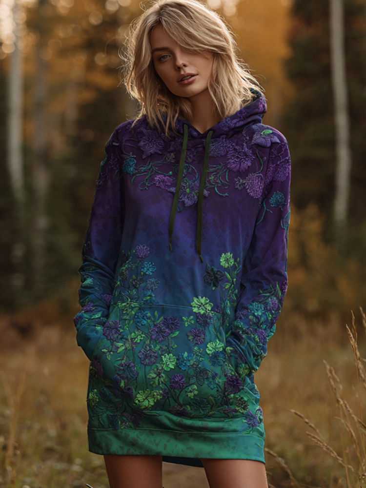 Women's Autumn And Winter Gradient-colored Hooded Sweatshirt Dress