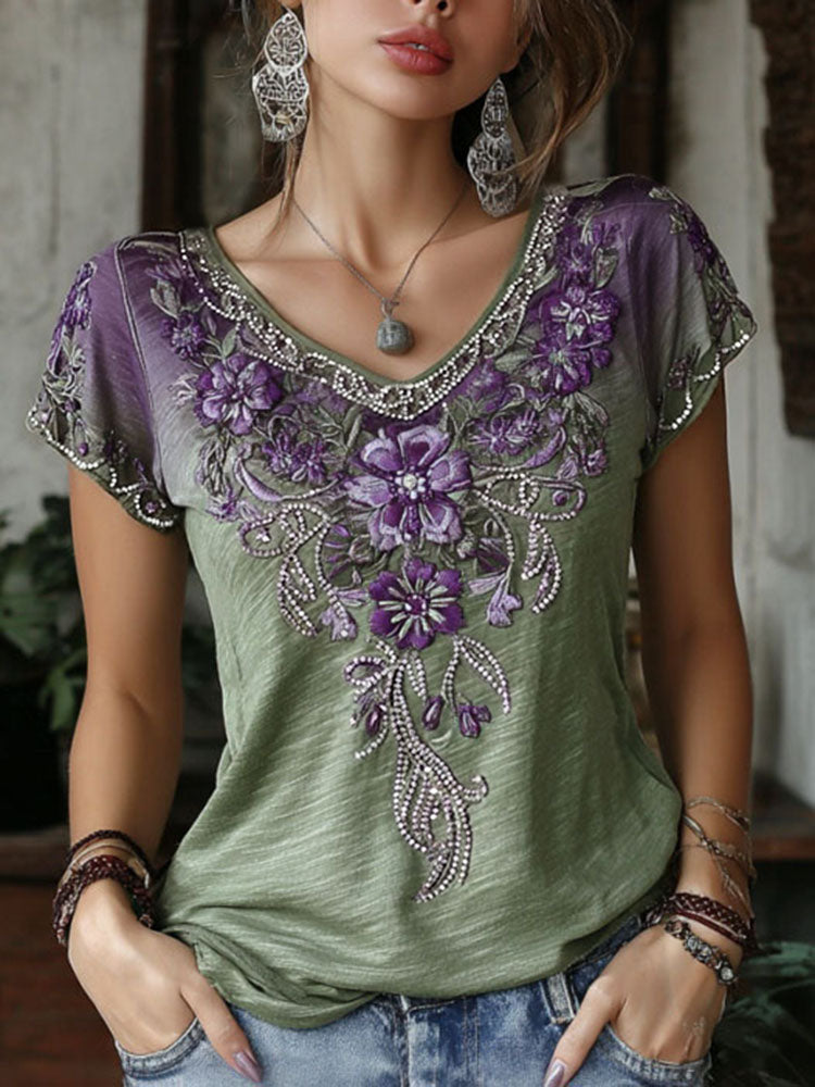 Women's Retro Floral Rhinestone Embroidery Cotton Linen Casual T-shirt