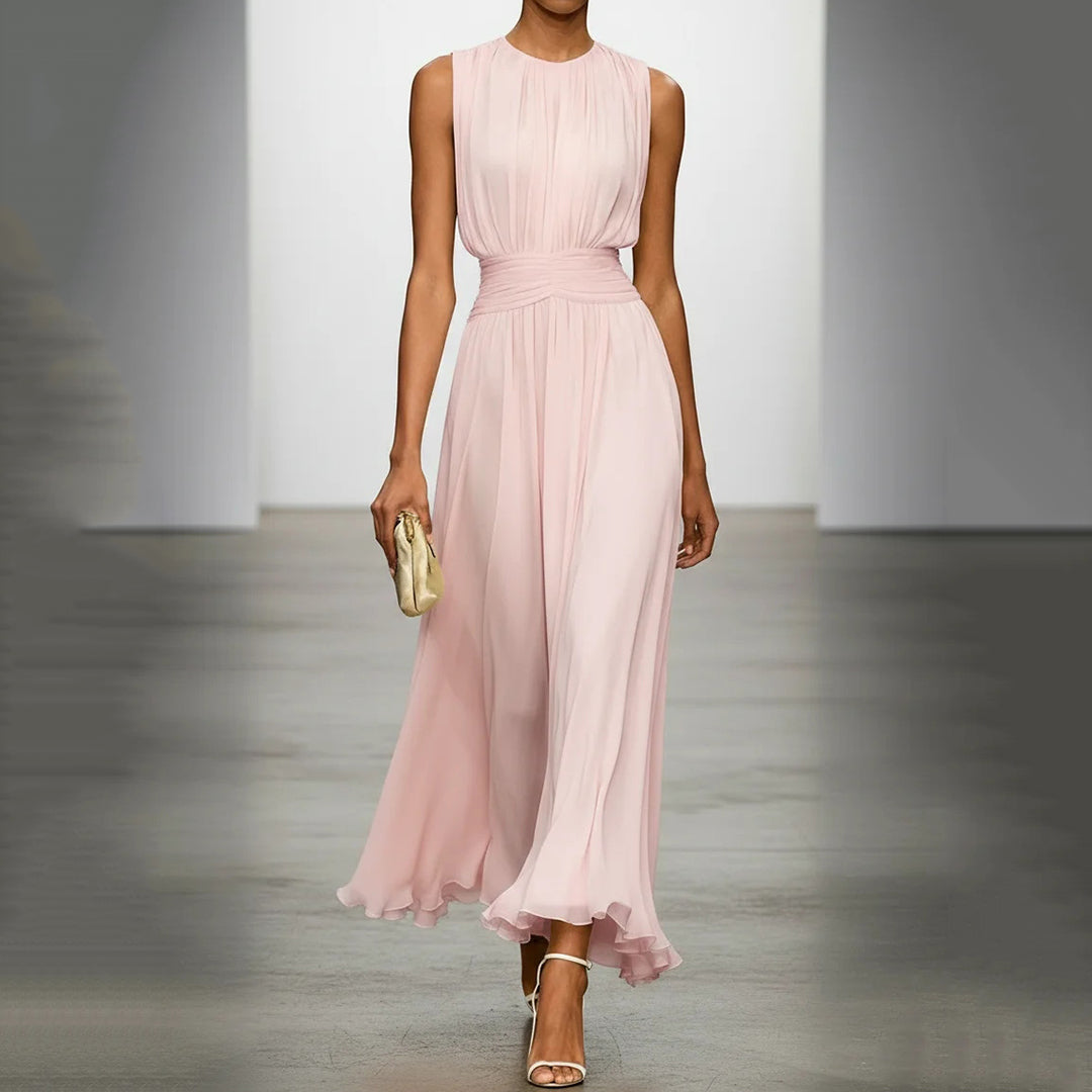 Elegant Solid Color Fitted Waist Round Neck Sleeveless Midi Dress