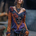 Vintage Rose Skull Rhinestone Contrast V Neck T-shirt