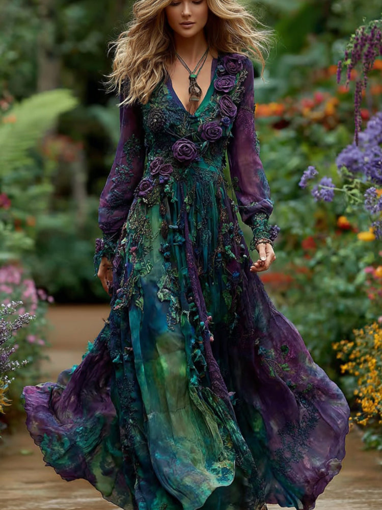 Women's Retro Purple Rose Gradient Pattern Maxi Dress