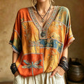 Women's Vintage Hippie Floral And Dragonfly In Patchwork Pattern Art Embroidered Linen Blend V Neck Shirts