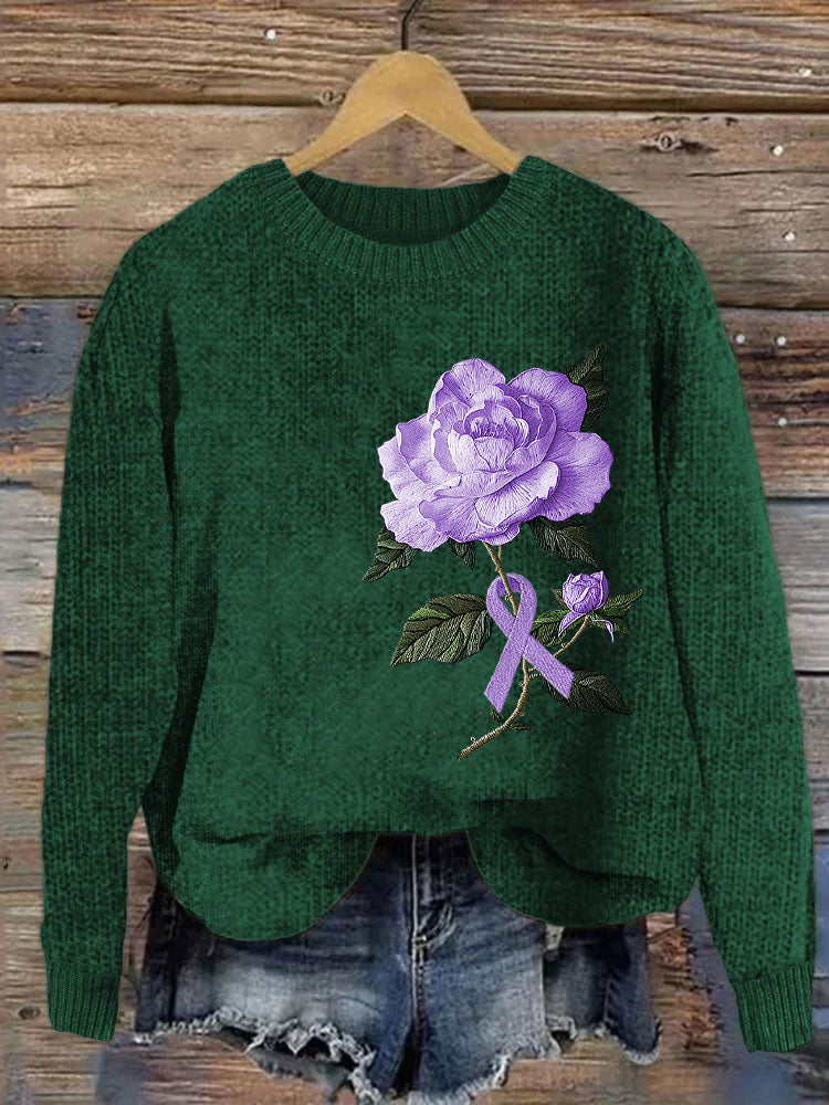 Alzheimer's Purple Rose Embroidered Cozy Knit Sweater
