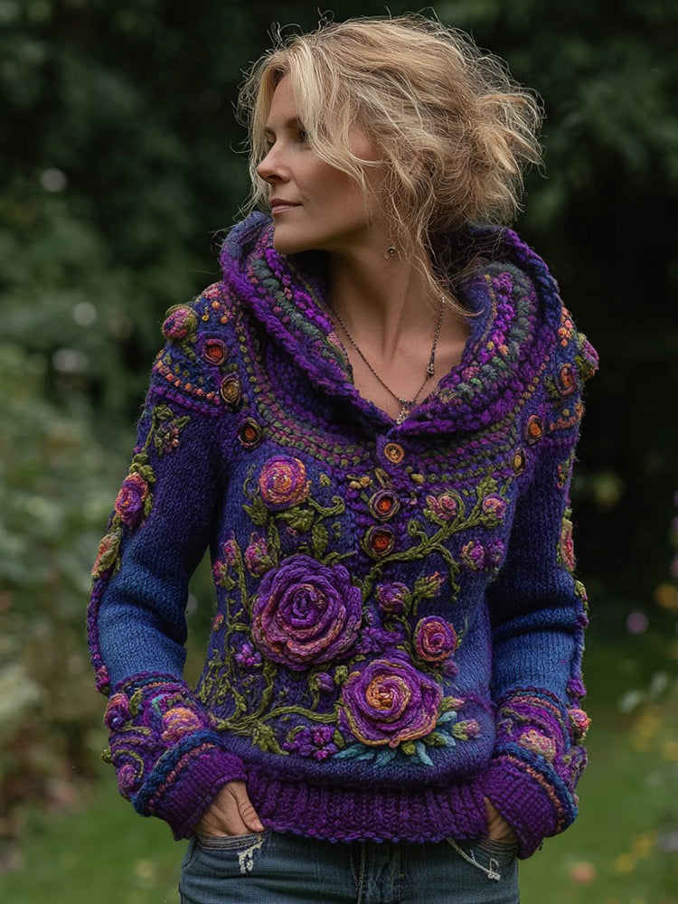 Women's Vintage Purple Rose Embroidered Knit Hooded Sweater