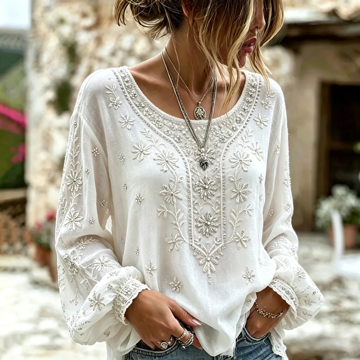 Women's Vintage Floral Rose Art Embroidered Linen Blend Long Sleeve Tops