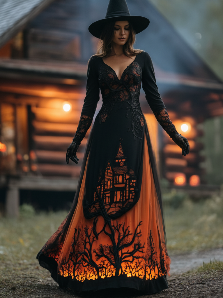 Women's Halloween Gradient Treehouse Design Witch Maxi Dress