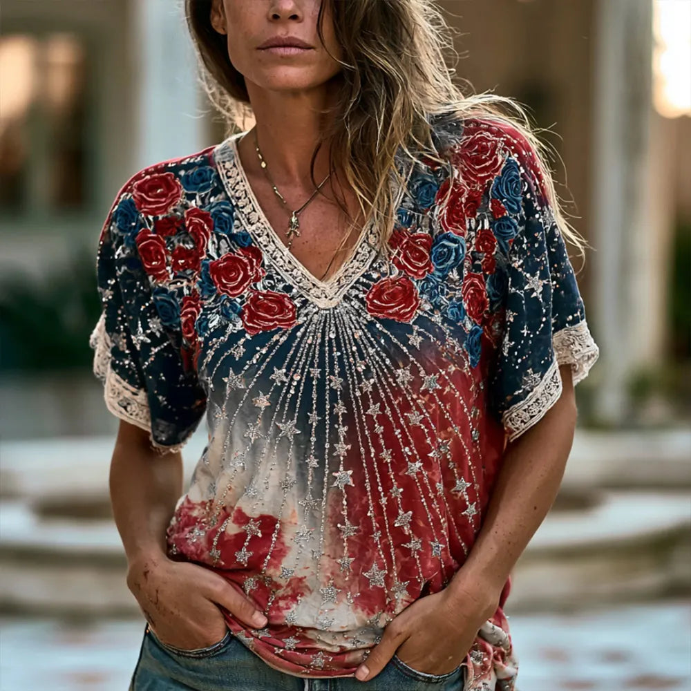 Women's Vintage American Independence Day Floral And Star Embroidered Gradient Casual V-neck Short Sleeve Top