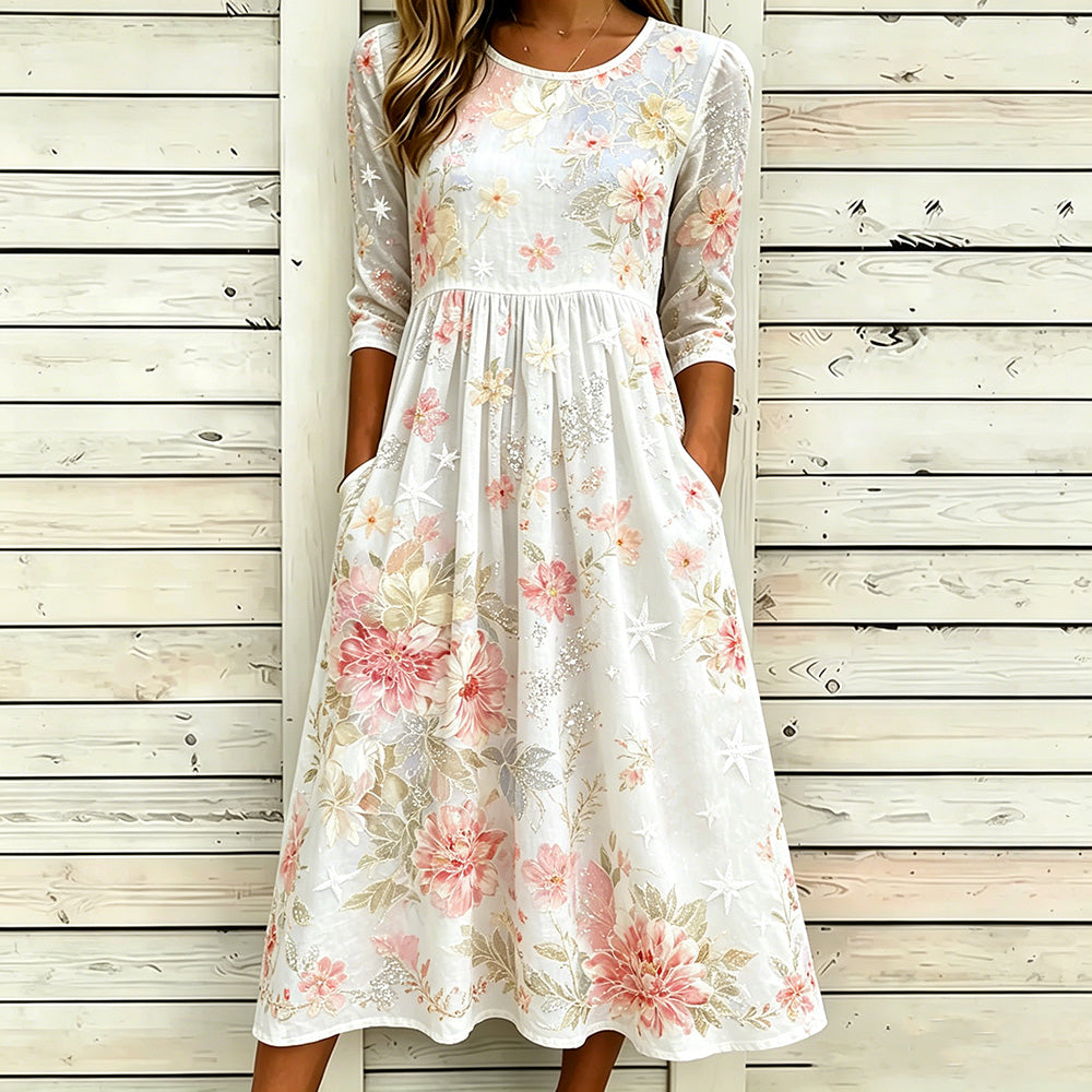 Women's Boho Floral Embroidered Vintage Pink Flower & Star Print A-line Dress