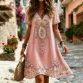 Women's Retro Baroque Floral Pattern V-neck Linen Blend Midi Dress
