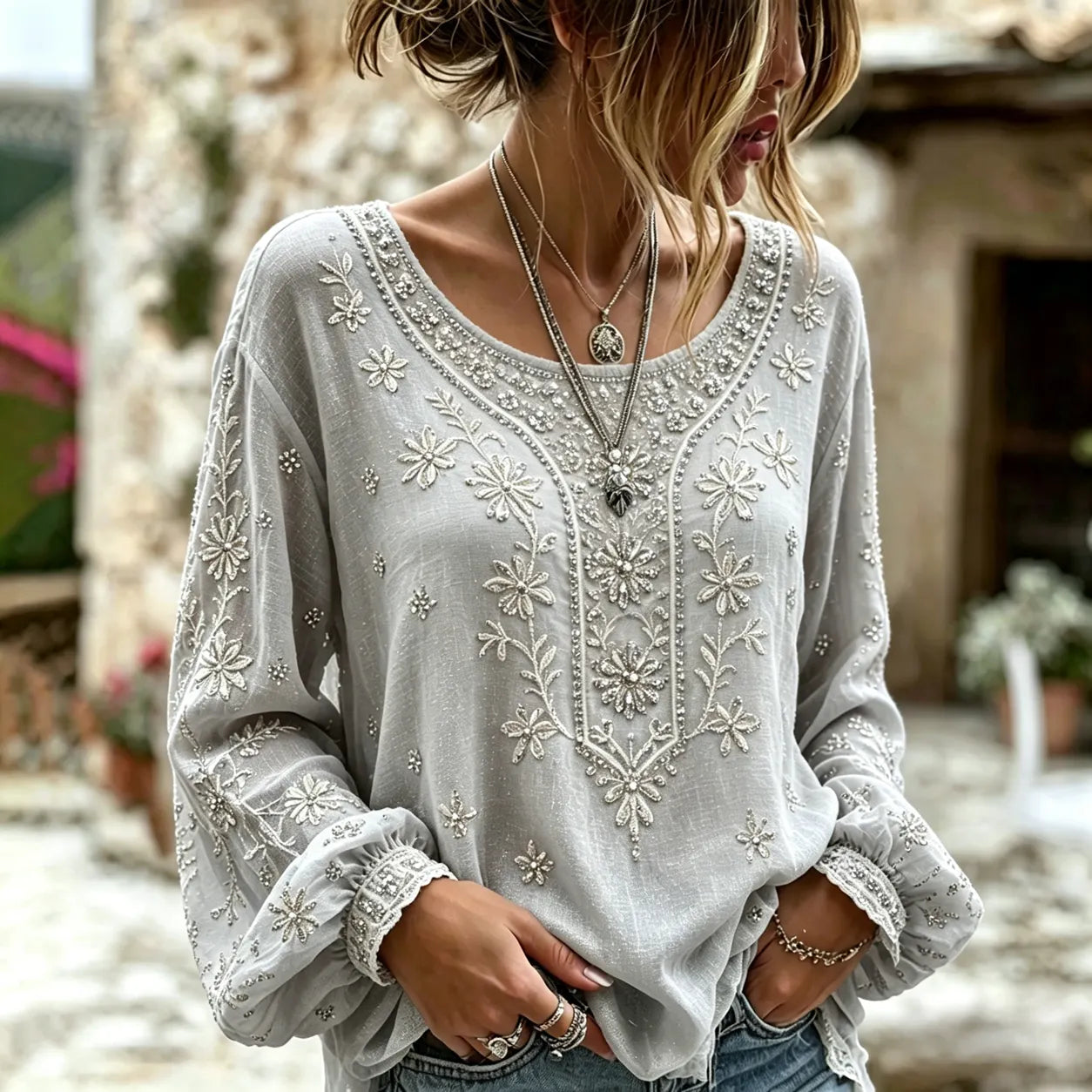 Women's Vintage Floral Rose Art Embroidered Linen Blend Long Sleeve Tops