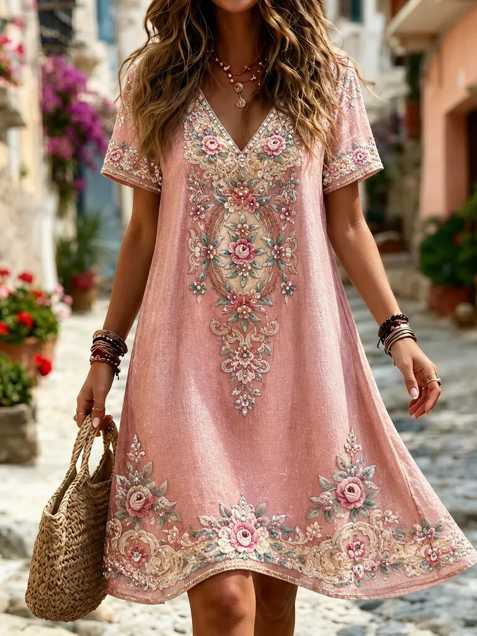 Women's Retro Baroque Floral Pattern V-neck Linen Blend Midi Dress