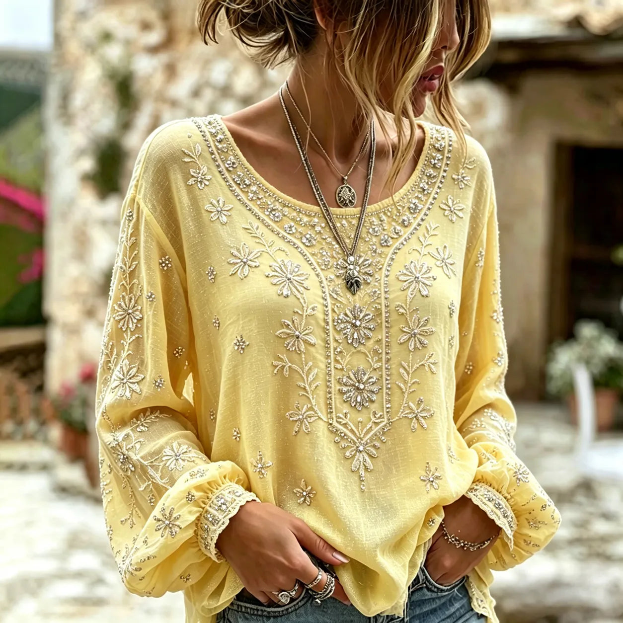 Women's Vintage Floral Rose Art Embroidered Linen Blend Long Sleeve Tops