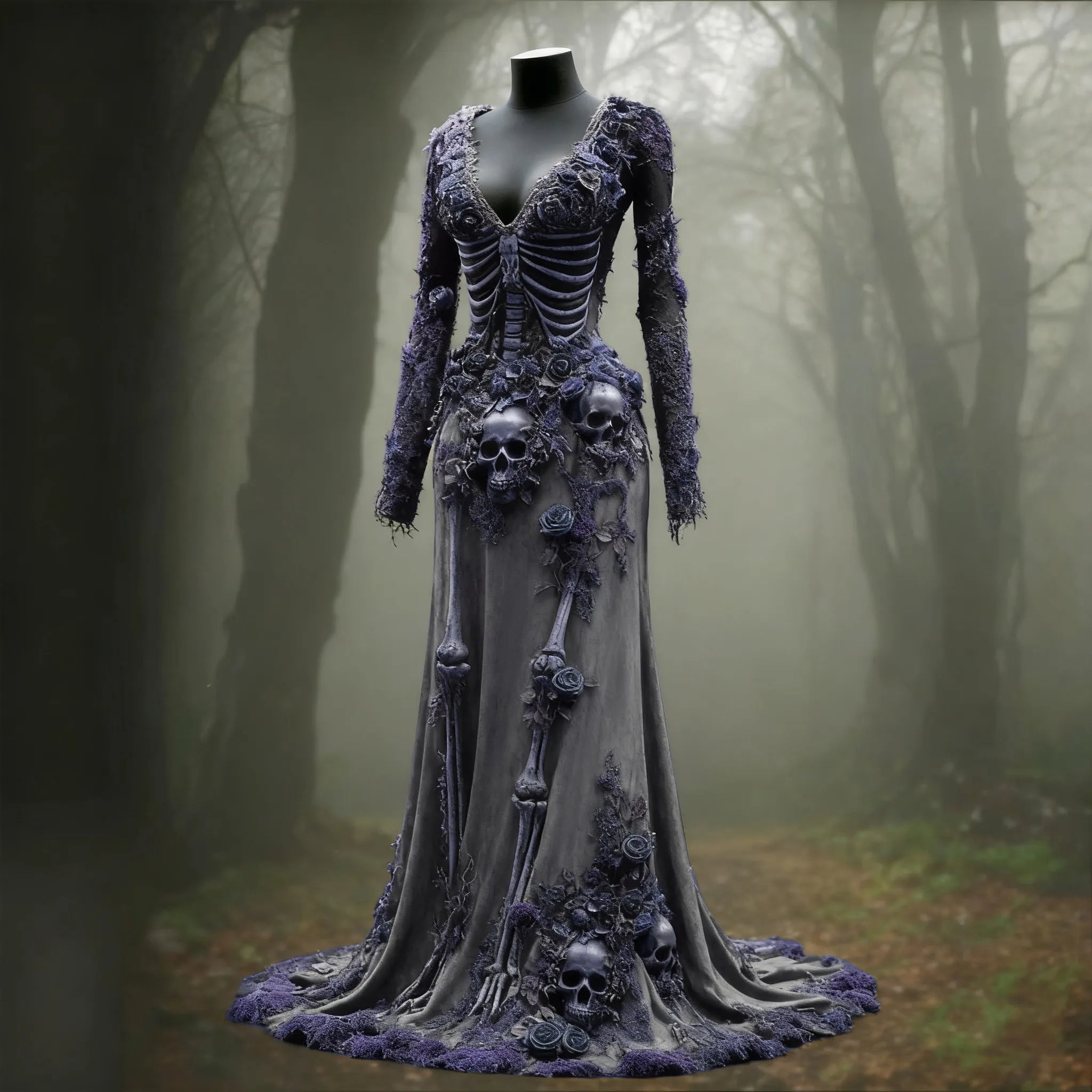 Women's Halloween Skull Flower Moss Witch Velvet Maxi Dress