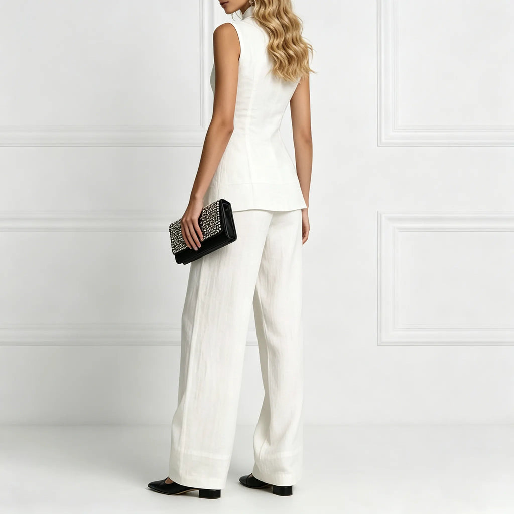 Fashion Elegant Solid Color Sleeveless Cotton Linen Shirt And Trousers Set