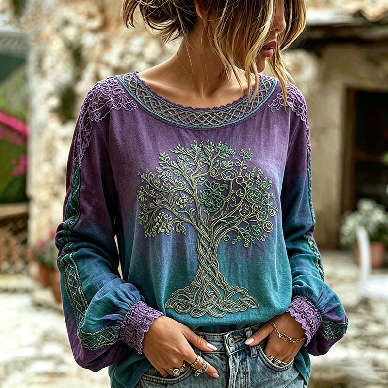 Women's Retro Viking Tree Of Life Pattern Casual Long-sleeve T-shirt