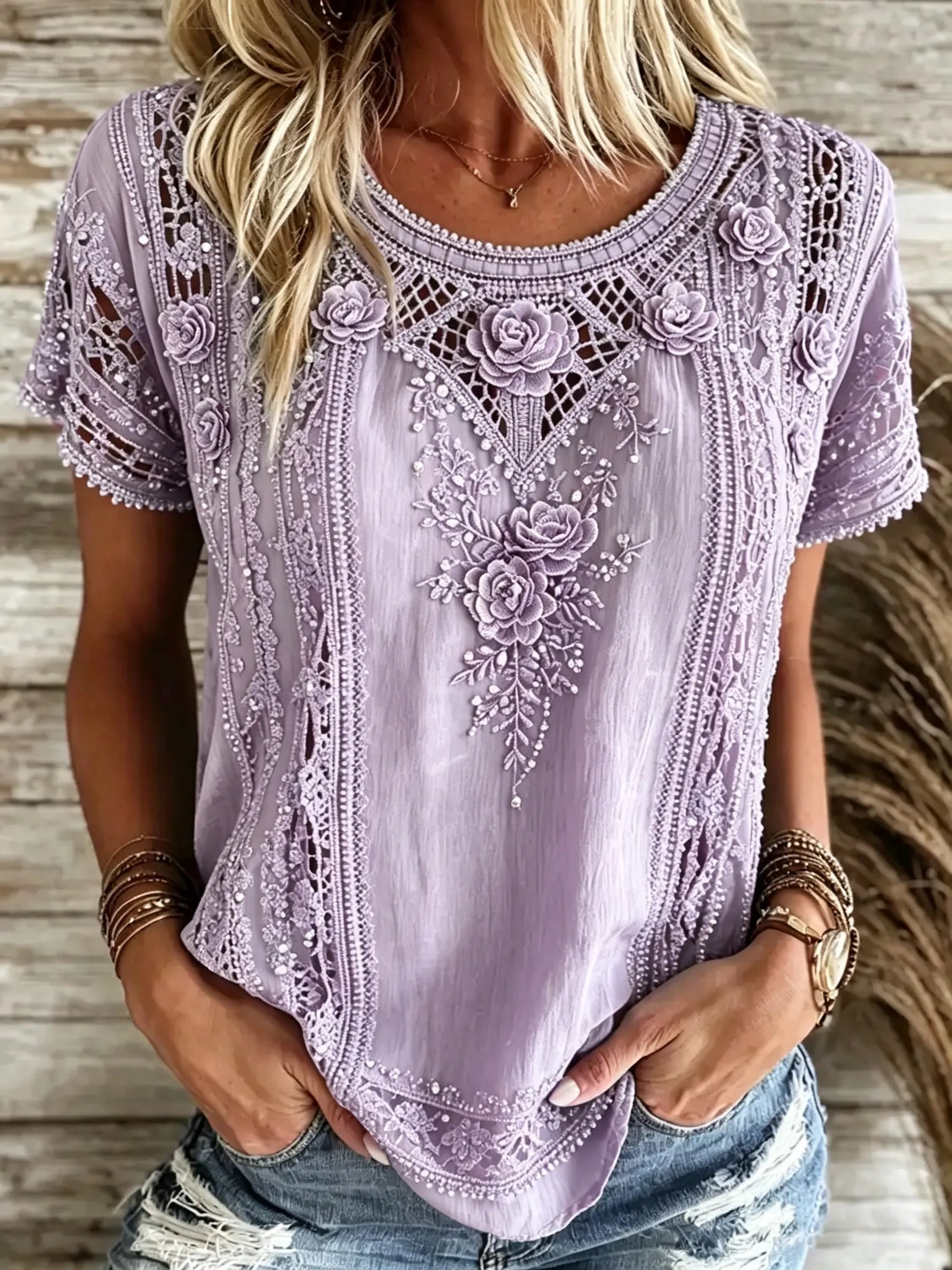 Women's Vintage Floral Art Flowy Linen Blend Casual Tops