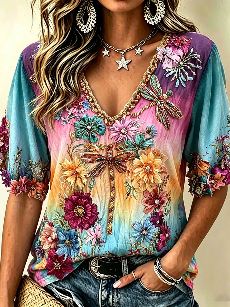 Women's Tie-dye Dragonfly Floral Design Short-sleeve V-neck T-shirt