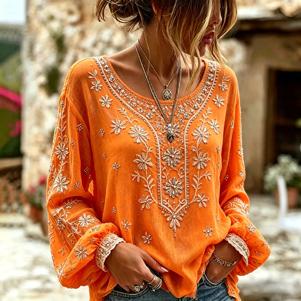 Women's Vintage Floral Rose Art Embroidered Linen Blend Long Sleeve Tops