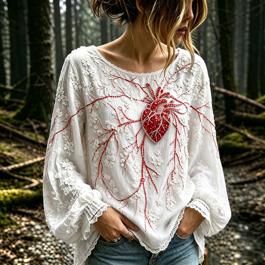 Women's Vintage Floral With Heart Anatomy Rhinestones Art Long Sleeve T-shirt